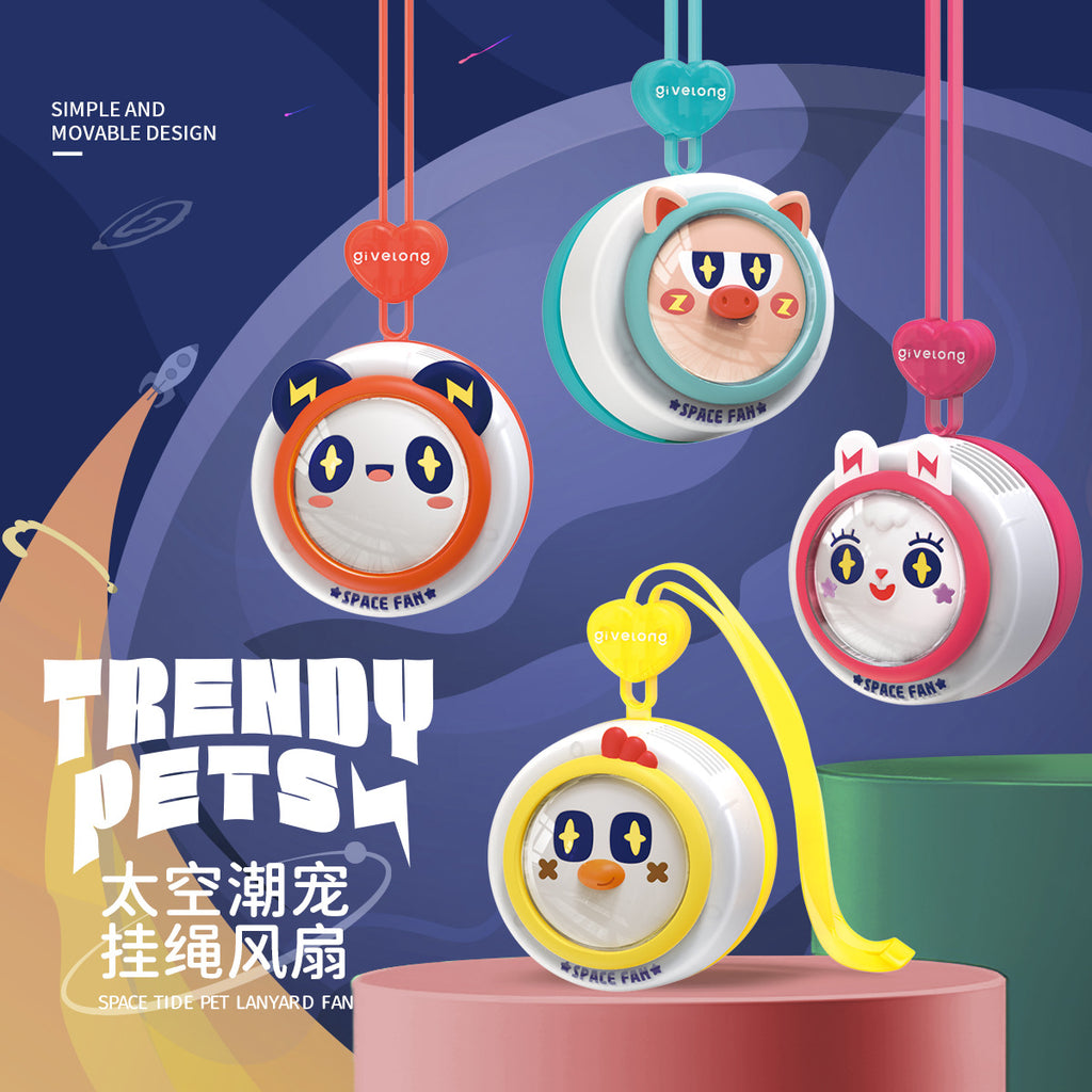 Space Pet Portable Lanyard Fan – USB Rechargeable Mini Neck Fan with Cute Animal Design for Kids Adults